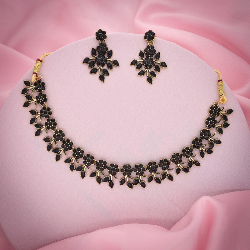 Tehzeeb Creations Special Exquisite White & Black Studded Gold-Polished Choker Necklace Set & Pair of Earring Set - Swadesiicart