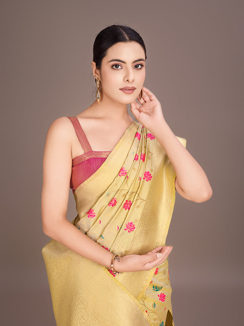 Monjolika Fashion Exquisite Designs With This Regal Cream Rich Look Banarasi Tissue Silk Saree | Swadesiicart