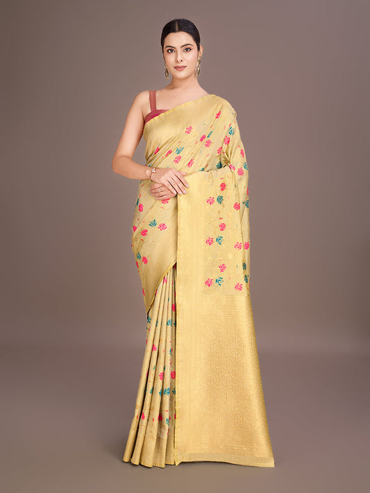 Monjolika Fashion Exquisite Designs With This Regal Cream Rich Look Banarasi Tissue Silk Saree | Swadesiicart