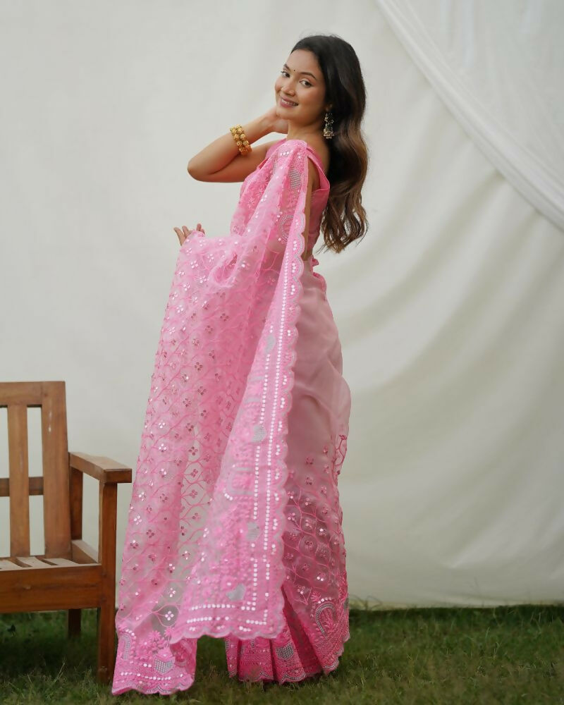 Vamsee Ayra Pink Organza Saree - Swadesiicart