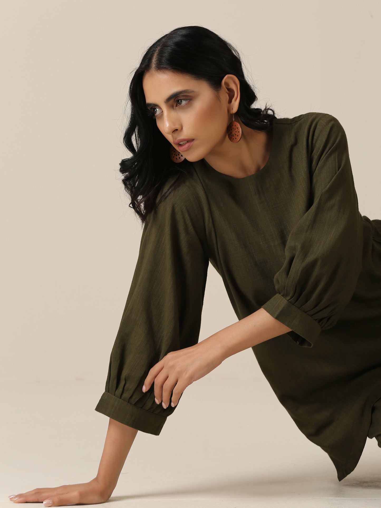 trueBrowns Olive Green Slub Texture Baggy Sleeve Co-Ord Set - Swadesiicart