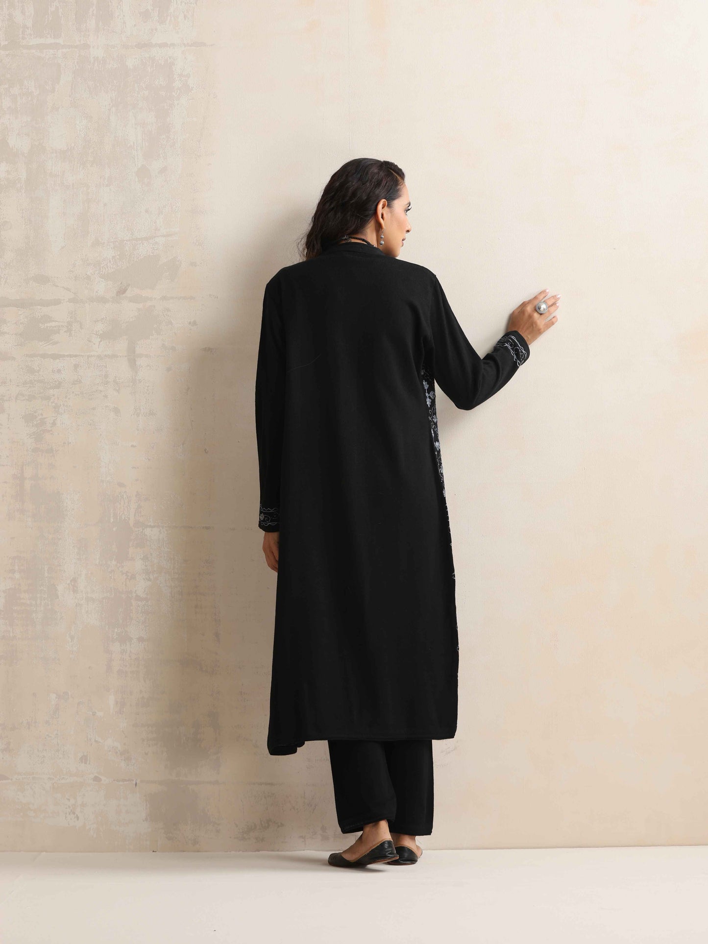 trueBrowns Black Kashmiri Woollen Jacket 3pc Set | Swadesiicart