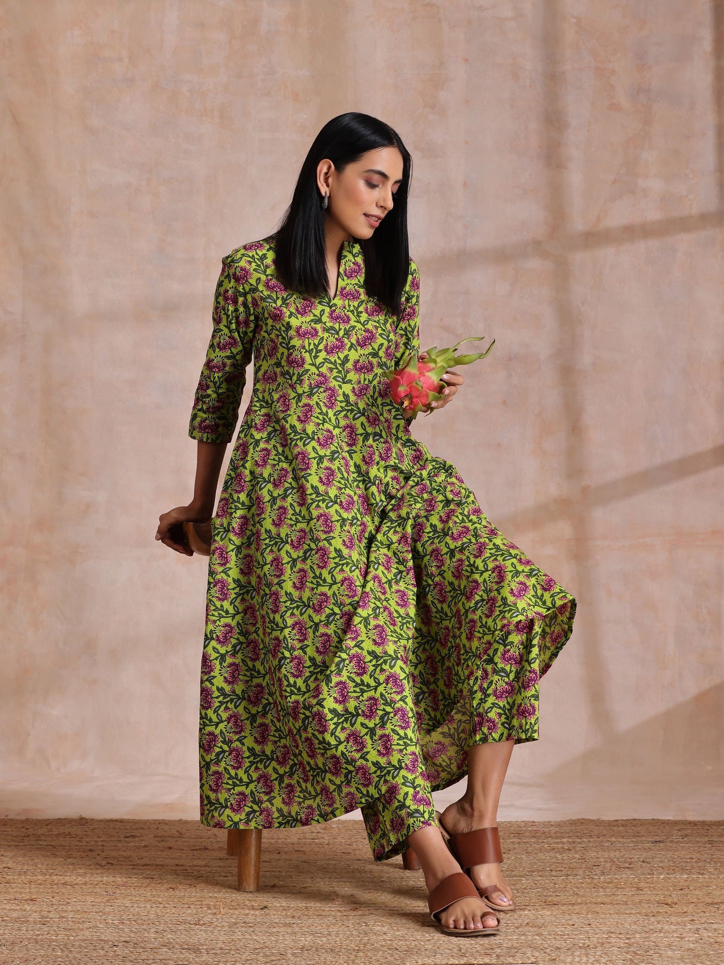 trueBrowns Lime Green Overall Pink Floral Block Print Cotton Flared Kurta Pant Set | Swadesiicart