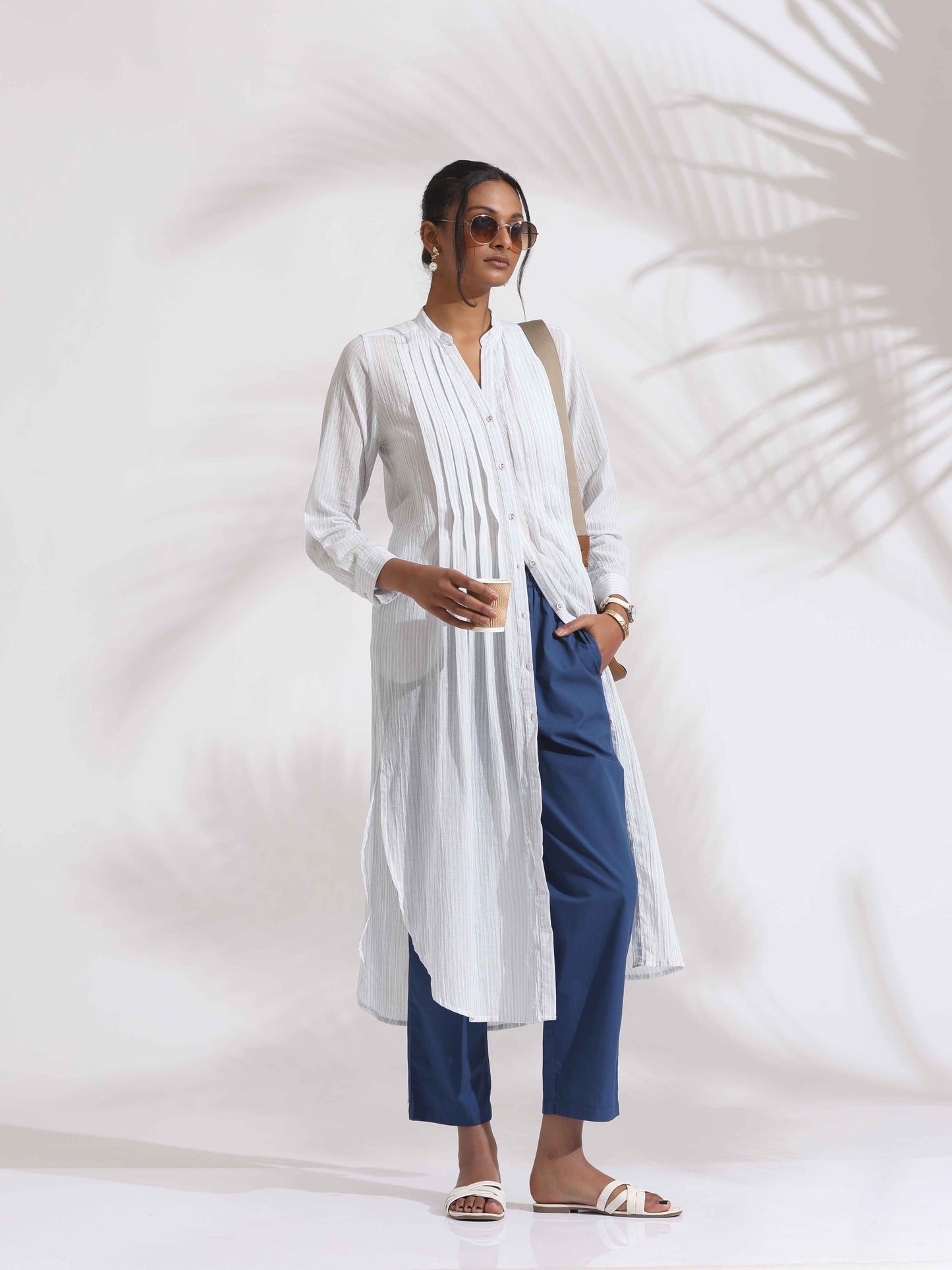 trueBrowns White Cotton Stripe Pleated Shirt Kurta Set | Swadesiicart