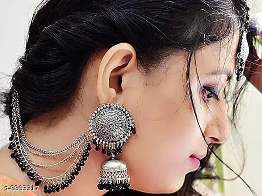 Tehzeeb Creations Women's Silver And Black Colour Oxidised Earrings With Tikka | Swadesiicart