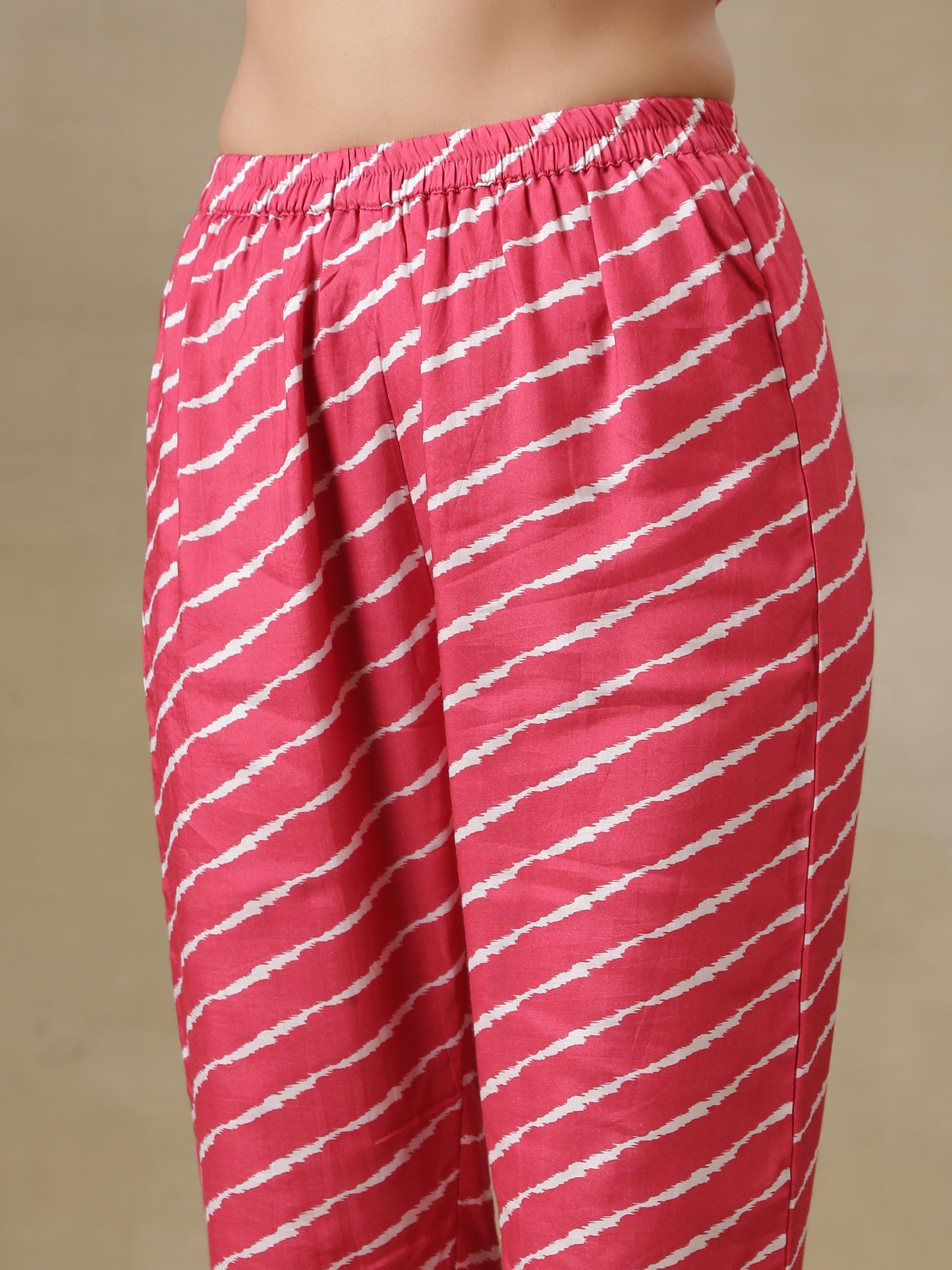 trueBrowns Pink Bandhani Printed Silk Anarkali Kurta Pant Dupatta Set | Swadesiicart