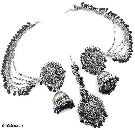 Tehzeeb Creations Women's Silver And Black Colour Oxidised Earrings With Tikka | Swadesiicart