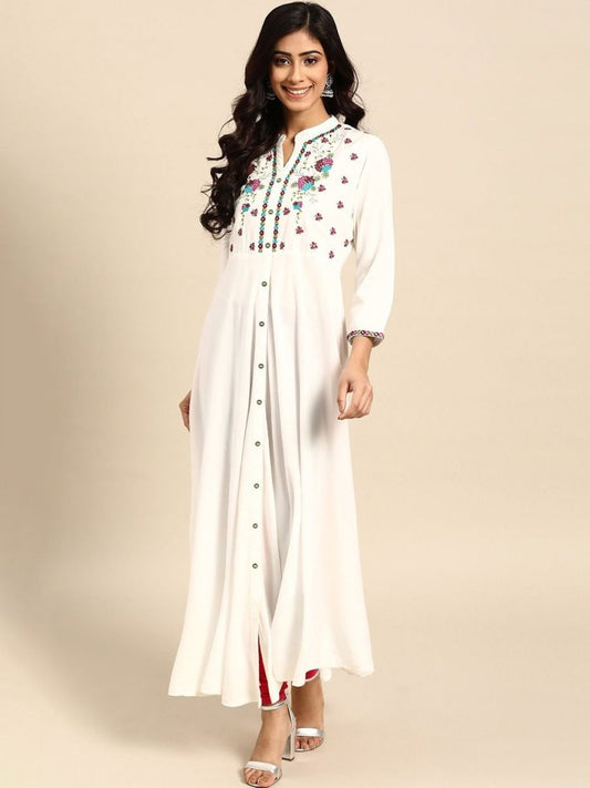 Anouk White Floral Yoke Design Mandarin Collar Mirror Work Cotton A-Line Kurta - Swadesiicart