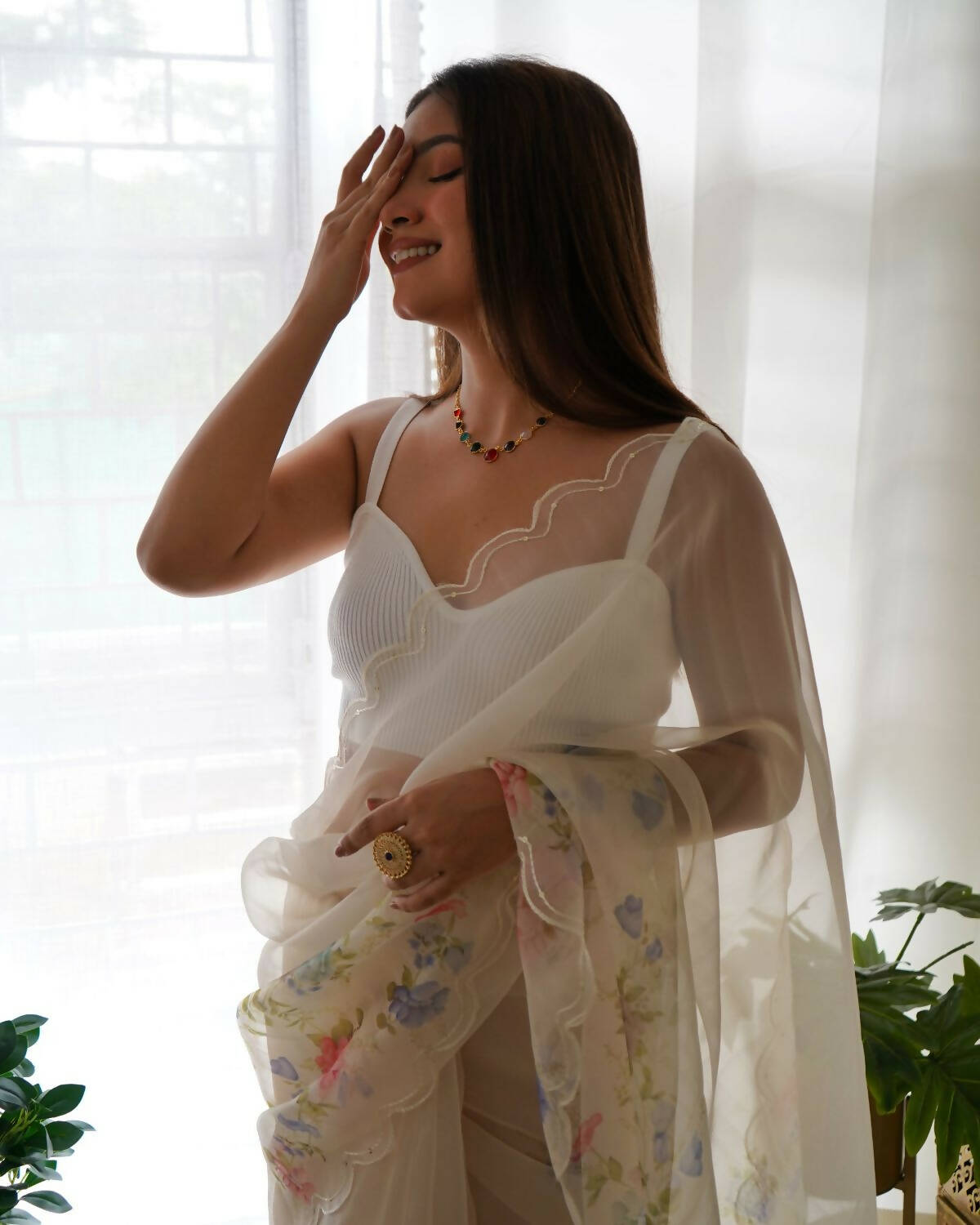 Vamsee White Organza Saree - Swadesiicart