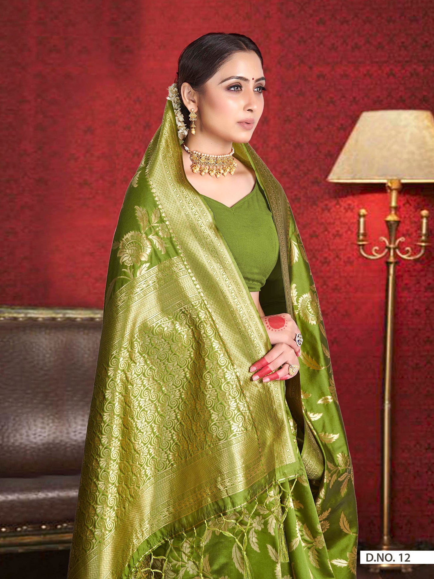Vardha Olive Green Woven Banarasi Saree | Swadesiicart