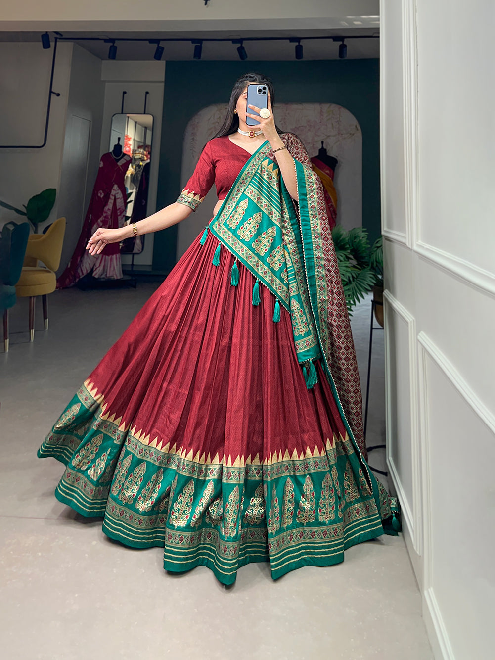 Lorenvalley Fashion Red Tasar Silk Print With Foil Print Lehenga Choli with Dupatta | Swadesiicart