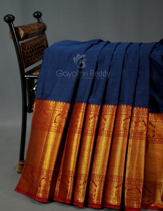 Kalanetha Peacock Blue With Zari Kanchi Style Pure Narayanpet Cotton Saree By Gayathri Reddy Designer Studio | Swadesiicart