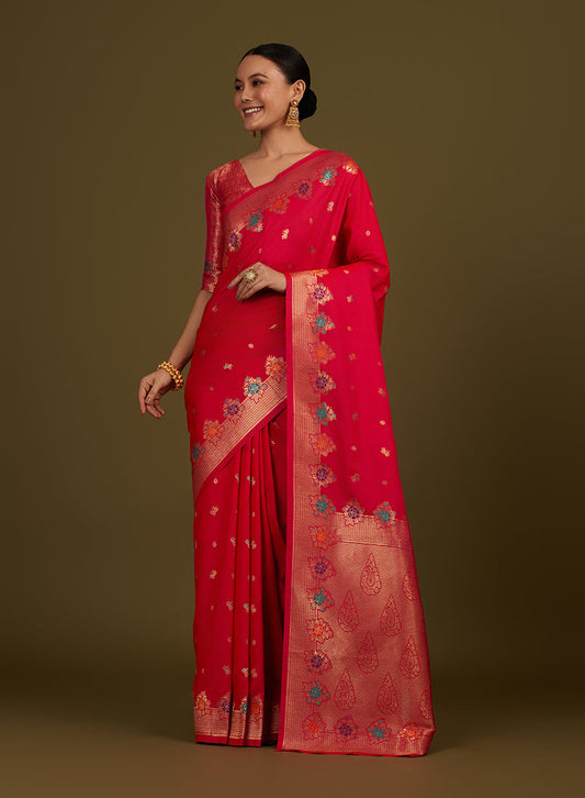 Monjolika Fashion Dark Pink Banarasi Silk Blend SareeWith Zari Woven Detailing | Swadesiicart