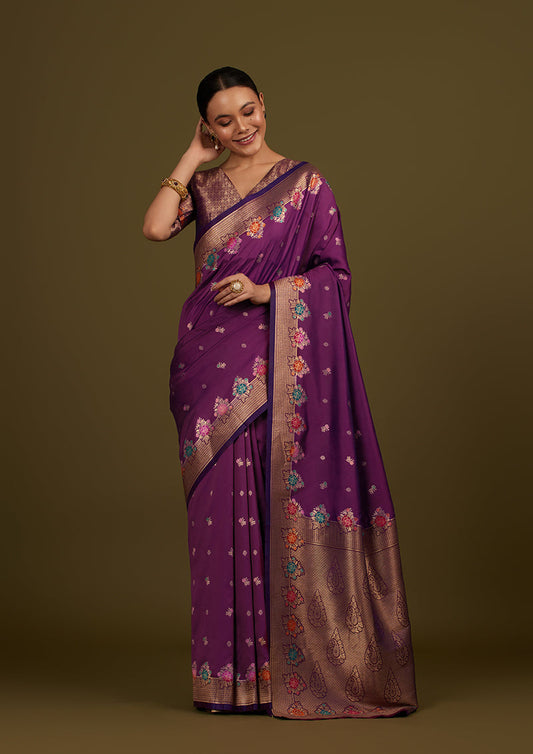 Monjolika Fashion Dark Violet Banarasi Silk Blend SareeWith Zari Woven Detailing | Swadesiicart