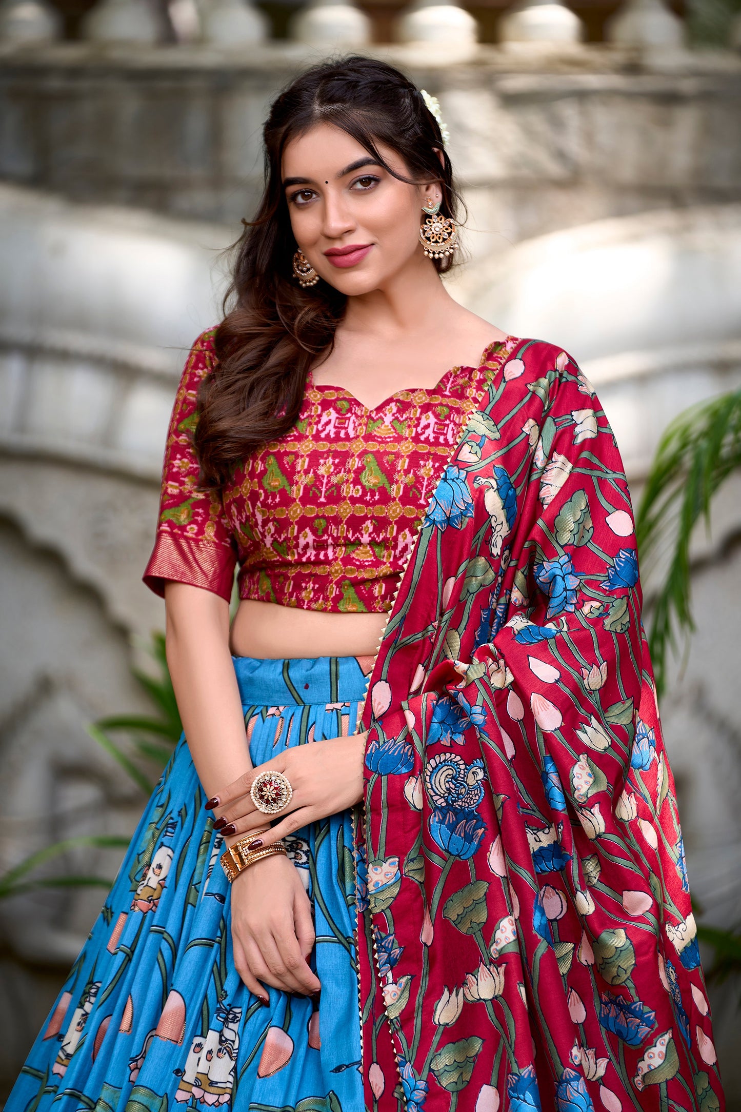 Lorenvalley Firozi Tussar Silk Pichwai With Patola Print And Zari Weaving Border Lehenga Choli with Dupatta | Swadesiicart