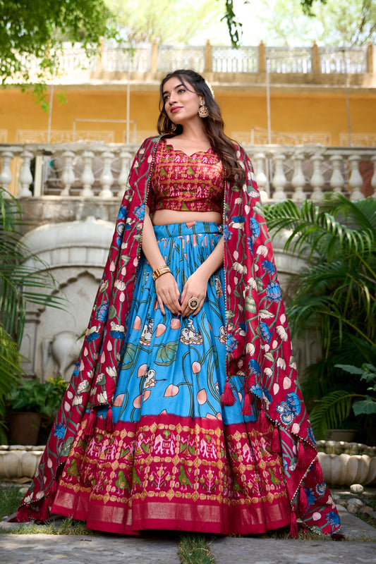 Lorenvalley Firozi Tussar Silk Pichwai With Patola Print And Zari Weaving Border Lehenga Choli with Dupatta | Swadesiicart