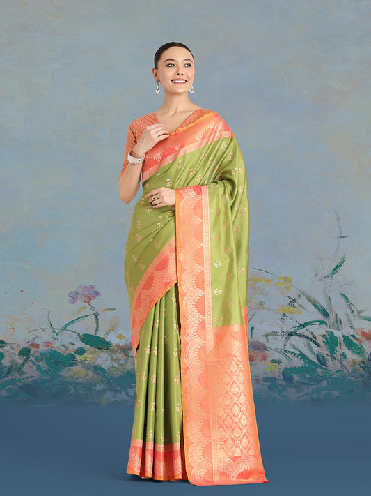 Monjolika Fashion Olive Green Color Weaving Banarasi Tissue Silk Classic Saree | Swadesiicart