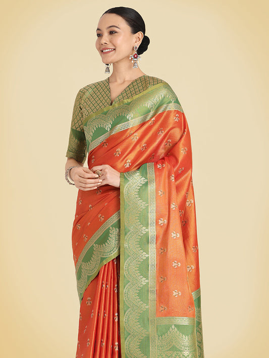 Monjolika Fashion Orange Color Weaving Banarasi Tissue Silk Classic Saree | Swadesiicart