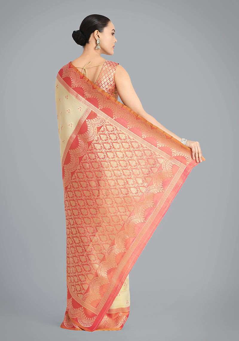 Monjolika Fashion Cream Color Weaving Banarasi Tissue Silk Classic Saree | Swadesiicart
