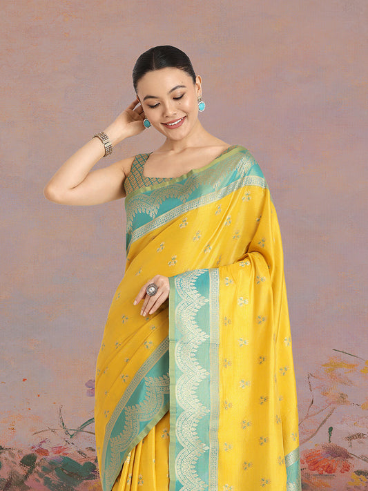Monjolika Fashion Yellow Color Weaving Banarasi Tissue Silk Classic Saree | Swadesiicart