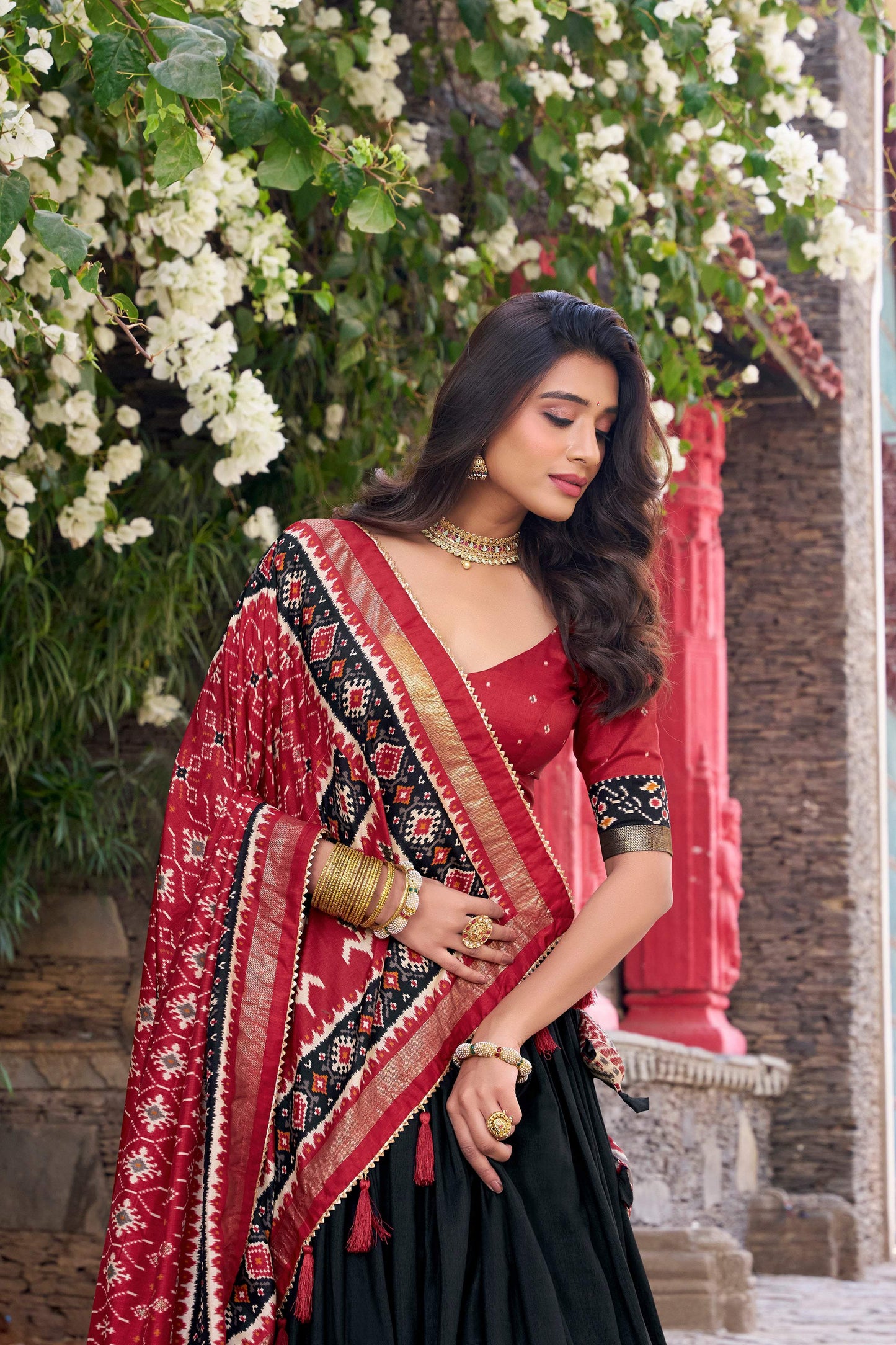 Lorenvalley Fashion Black Tussar Silk Patola Printed With Foil Work Lehenga Choli with Dupatta - Swadesiicart