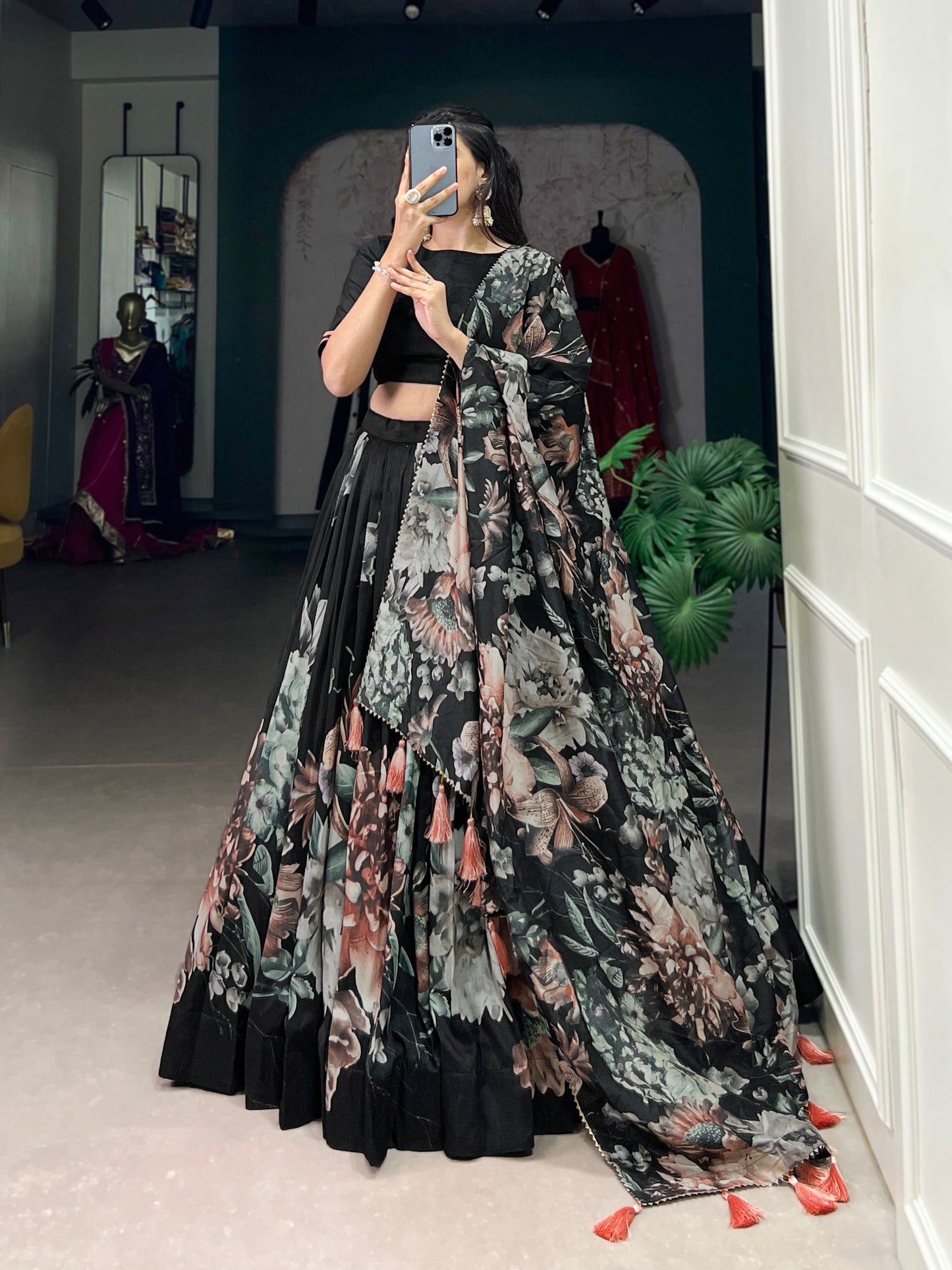 Lorenvalley Black Tussar Silk Floral Print with Lace Touch Up Lehenga Choli | Swadesiicart
