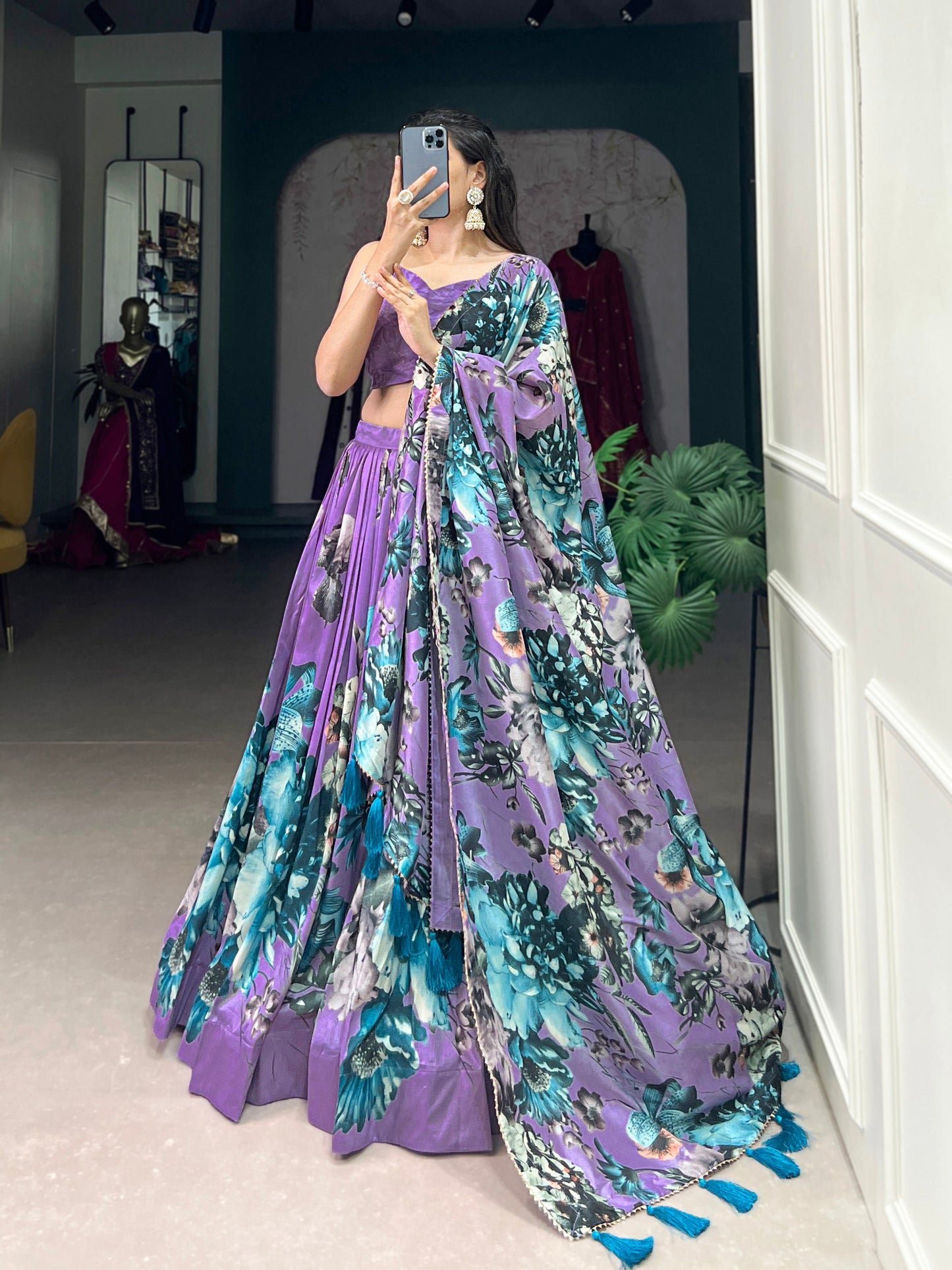 Lorenvalley Lavender Tussar Silk Floral Print with Lace Touch Up Lehenga Choli | Swadesiicart