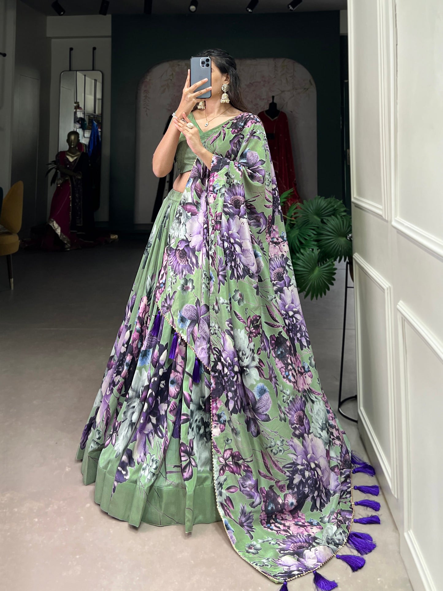 Lorenvalley Pista Tussar Silk Floral Print with Lace Touch Up Lehenga Choli | Swadesiicart