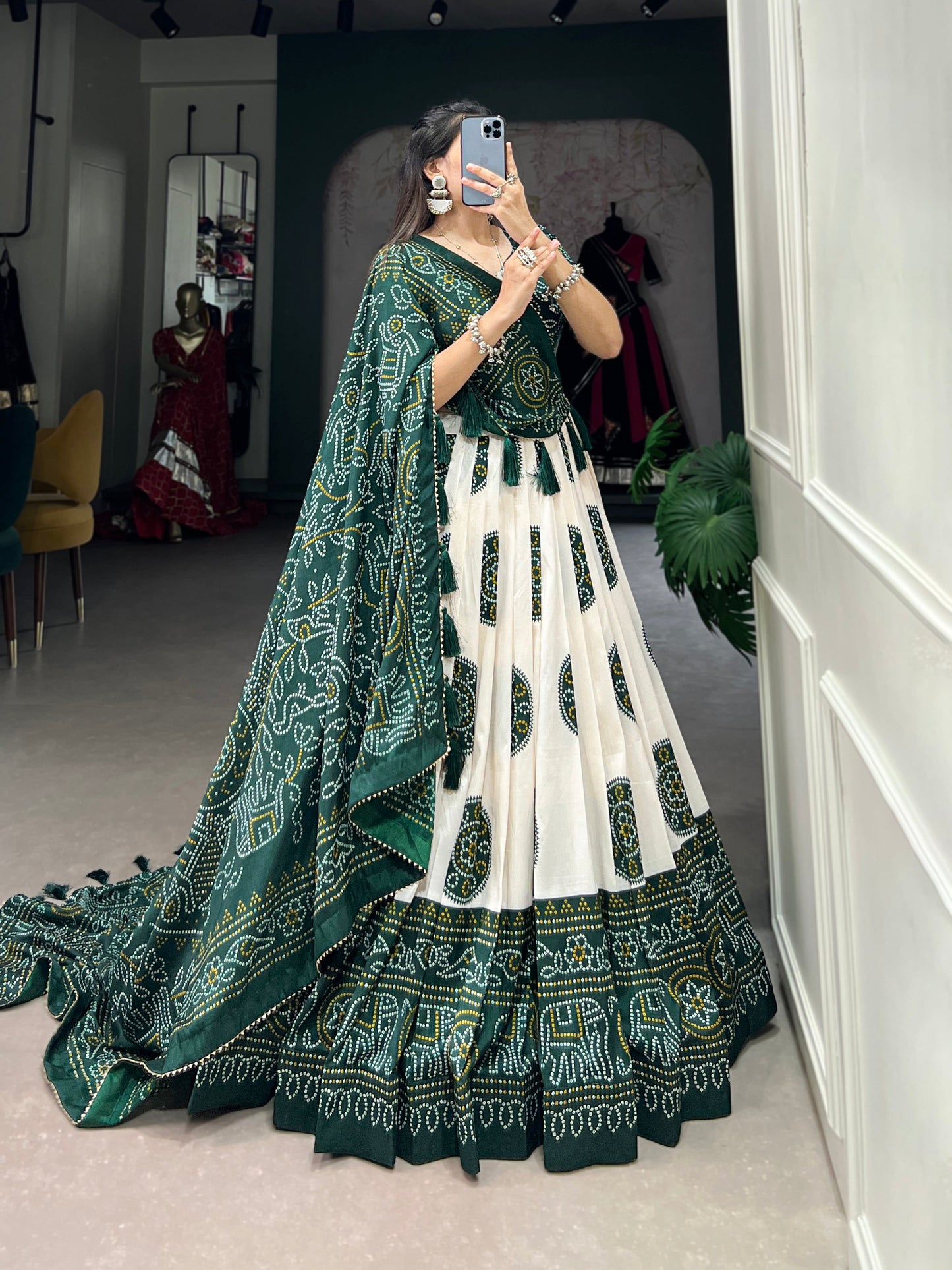Lorenvalley Green Artistry in Tussar Silk with Bandhej Print Lehenga Choli | Swadesiicart