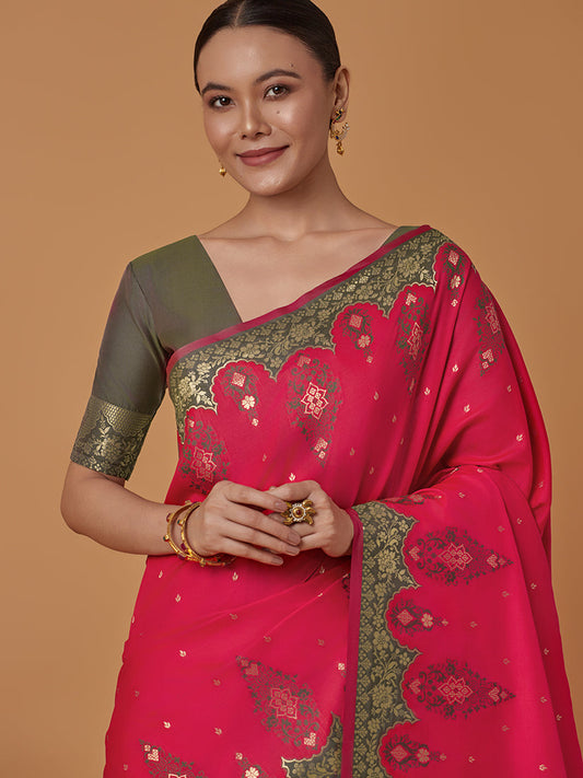 Monjolika Fashion Pink Banarasi Silk Blend SareeWith Zari Woven Rich Brocade Design | Swadesiicart