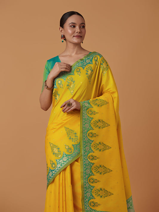 Monjolika Fashion Yellow Banarasi Silk Blend SareeWith Zari Woven Rich Brocade Design | Swadesiicart