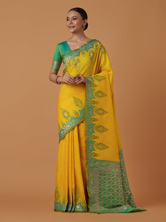 Monjolika Fashion Yellow Banarasi Silk Blend SareeWith Zari Woven Rich Brocade Design | Swadesiicart