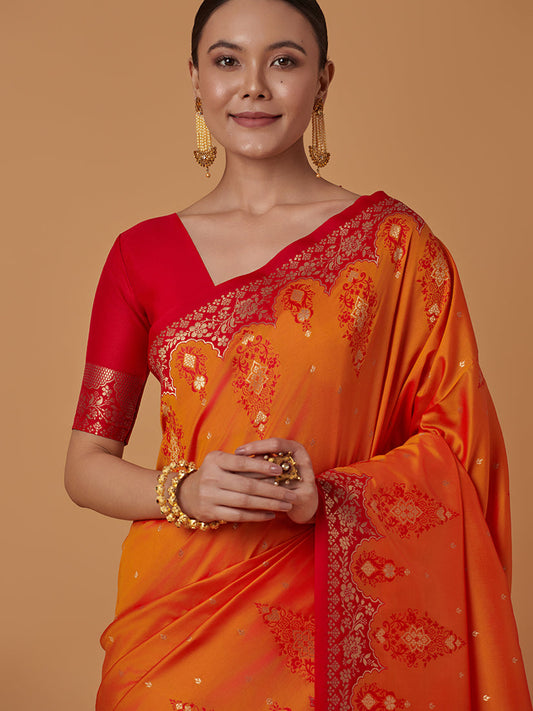 Monjolika Fashion Amber Banarasi Silk Blend SareeWith Zari Woven Rich Brocade Design | Swadesiicart