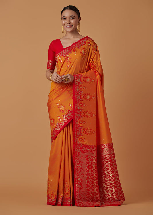 Monjolika Fashion Amber Banarasi Silk Blend SareeWith Zari Woven Rich Brocade Design | Swadesiicart
