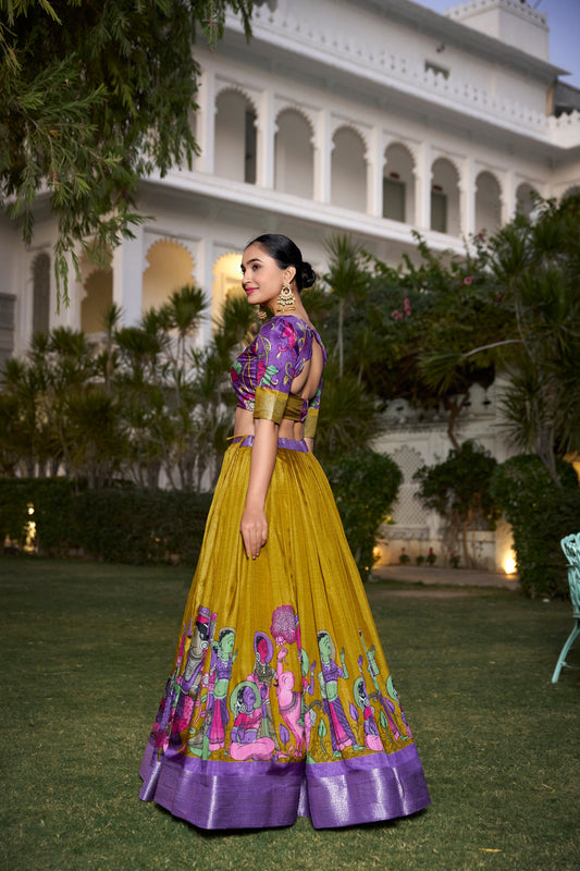 Lorenvalley Mustard Dola Silk with Jacquard Printed (Kalamkari) with Zari Weaving Border Lehenga Choli | Swadesiicart