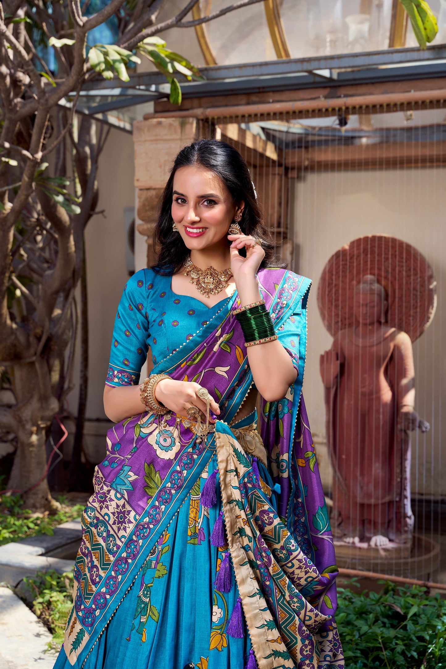 Lorenvalley Firozi Tussar Silk Kalamkari With Foil Work Lehenga Choli | Swadesiicart