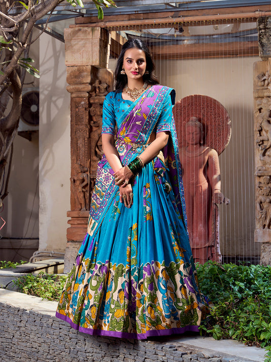 Lorenvalley Firozi Tussar Silk Kalamkari With Foil Work Lehenga Choli | Swadesiicart