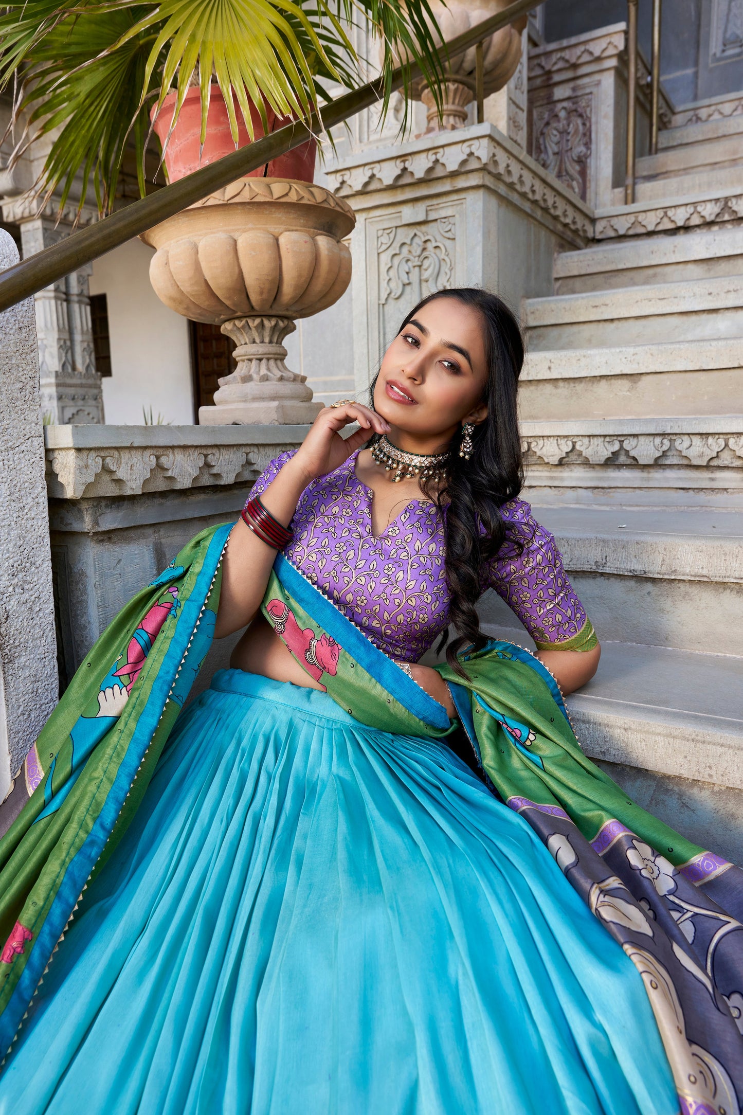 Lorenvalley Seagreen Tussar Silk Kalamkari With Foil Work Lehenga Choli with Dupatta | Swadesiicart