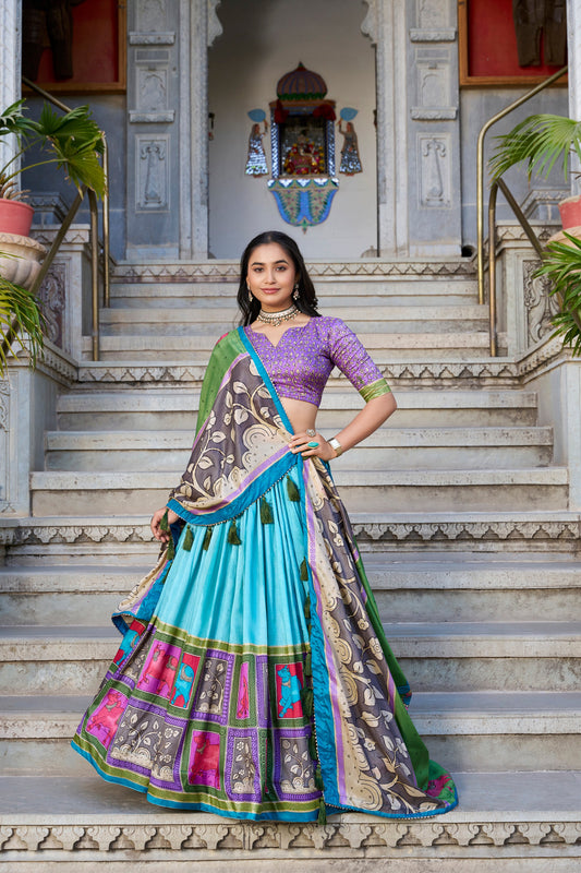 Lorenvalley Seagreen Tussar Silk Kalamkari With Foil Work Lehenga Choli with Dupatta | Swadesiicart