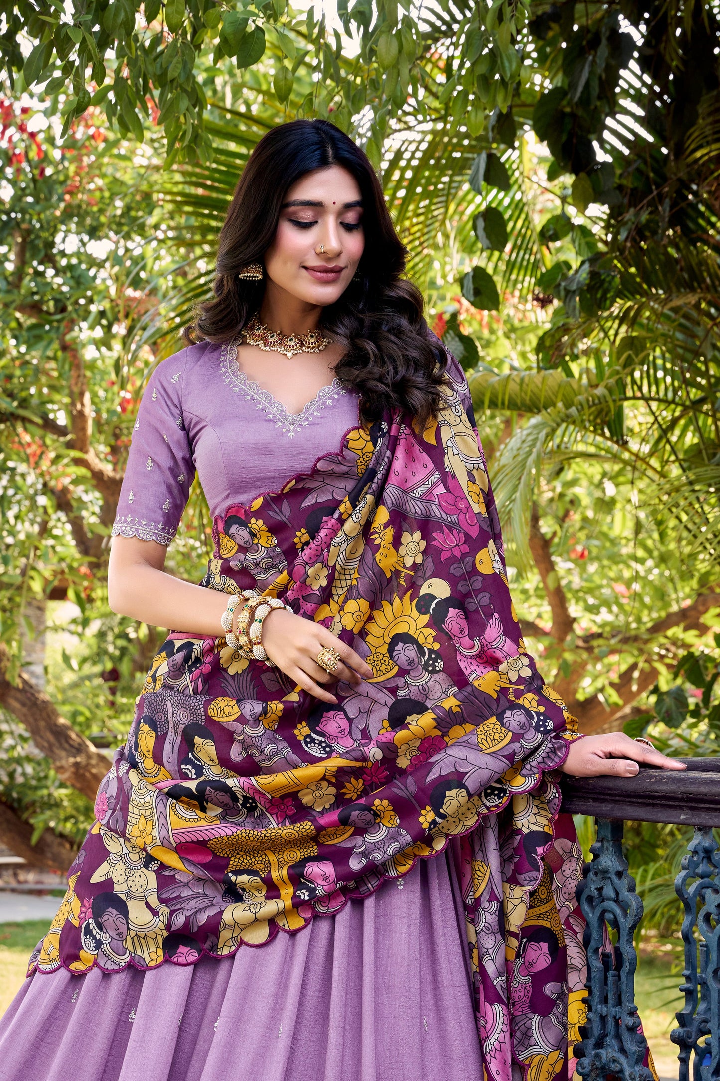 Lorenvalley Lavender Vichitra Silk Sequins and Thread Embroidery Work with Kalamkari Print Border Lehenga Choli with Dupatta | Swadesiicart