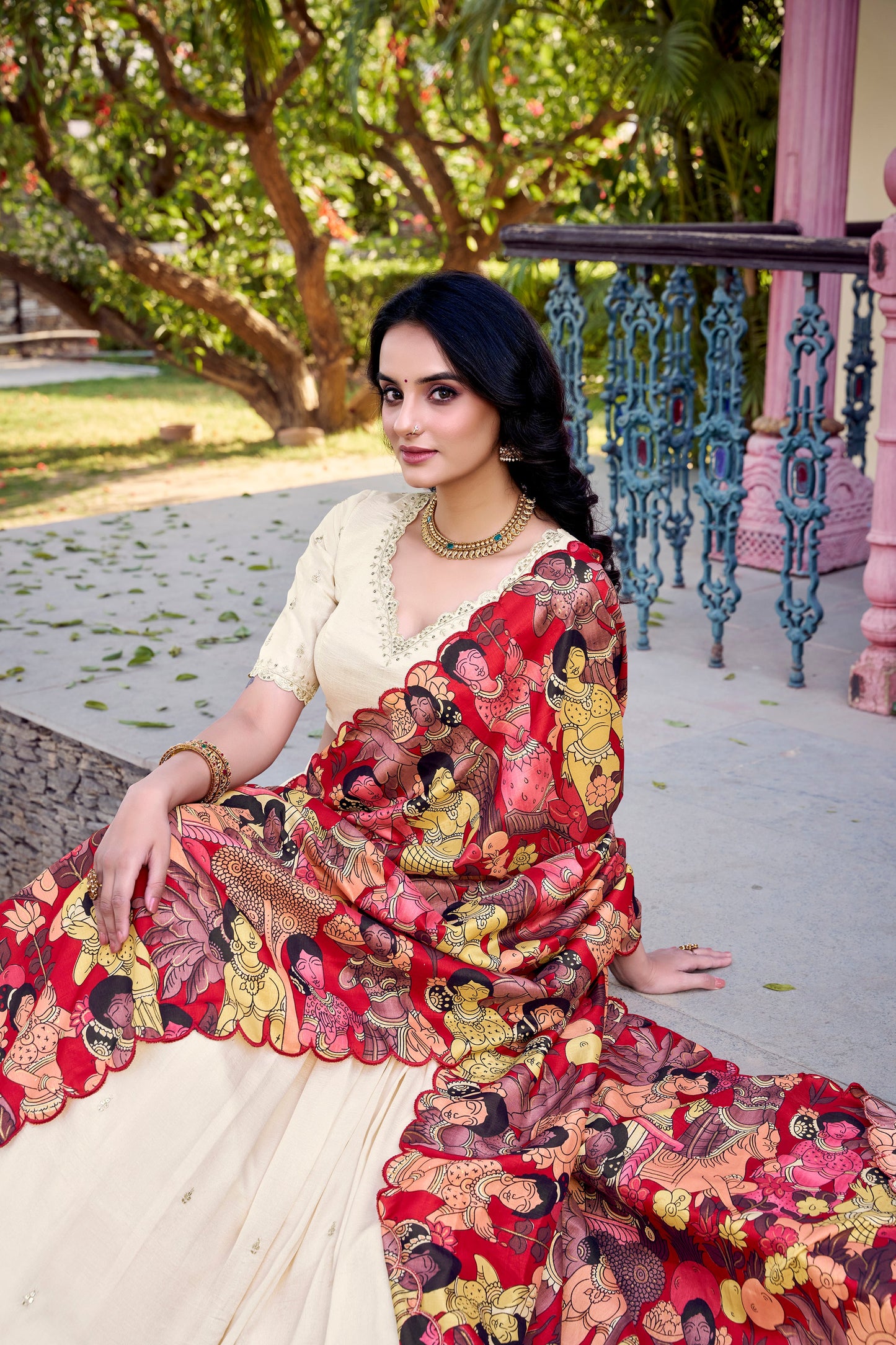 Lorenvalley Off White Vichitra Silk Sequins and Thread Embroidery Work with Kalamkari Print Border Lehenga Choli with Dupatta | Swadesiicart