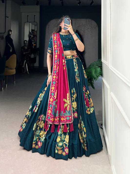 Lorenvalley Teal Tussar Silk Printed And Foil Work With Lace Touch Up Lehenga Choli with Dupatta | Swadesiicart