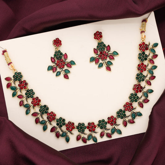 Tehzeeb Creations Green And Maroon Pack of 1 Gold-Polished Choker Necklace Set With Earring For Women & Girls - Swadesiicart
