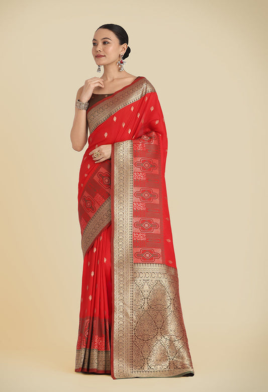 Monjolika Fashion Red Color Banarasi Soft Silk Trendy Saree | Swadesiicart