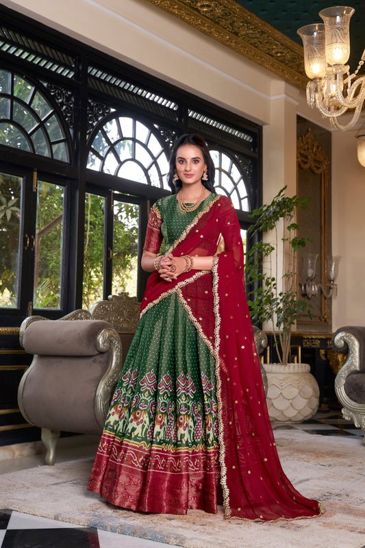 Lorenvalley Green Kanchipuram Printed With Zari Weaving Work Lehenga Choli with Dupatta | Swadesiicart