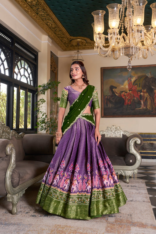 Lorenvalley Purple Kanchipuram Printed With Zari Weaving Work Lehenga Choli with Dupatta | Swadesiicart