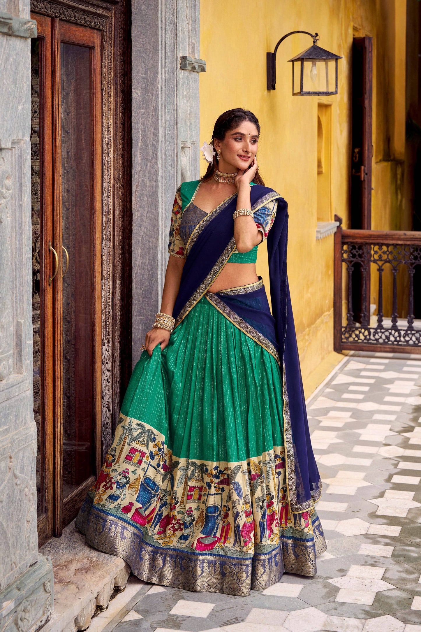 Lorenvalley Fashion Multicolor Poly Chanderi Zari Stripe Kalamkari Printed With Zari Weaving Work Lehenga Choli with Dupatta | Swadesiicart