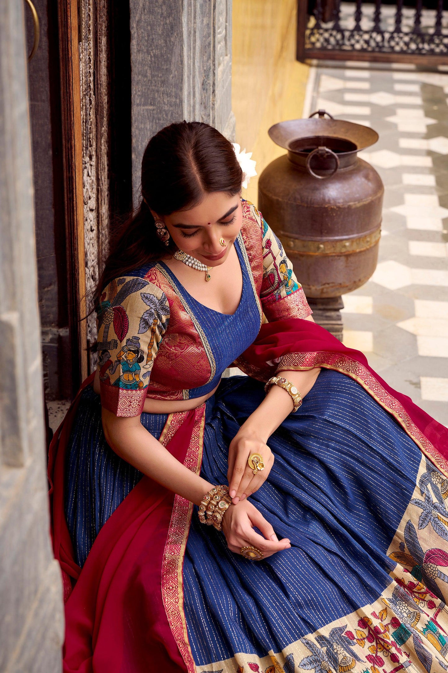 Lorenvalley Fashion Multicolor Poly Chanderi Zari Stripe Kalamkari Printed With Zari Weaving Work Lehenga Choli with Dupatta | Swadesiicart