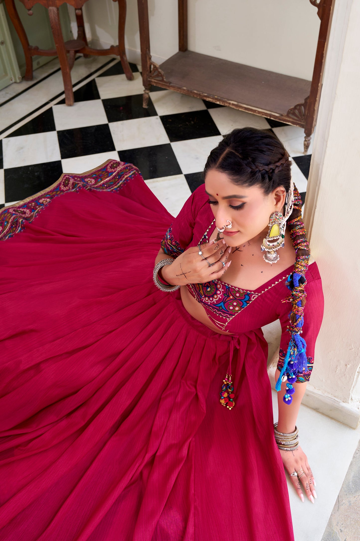 Lorenvalley Fashion Pink Tasar Silk Gamthi Print With Embossed Design And Gotta Patti Lace Touch Up Lehenga Choli with Dupatta | Swadesiicart