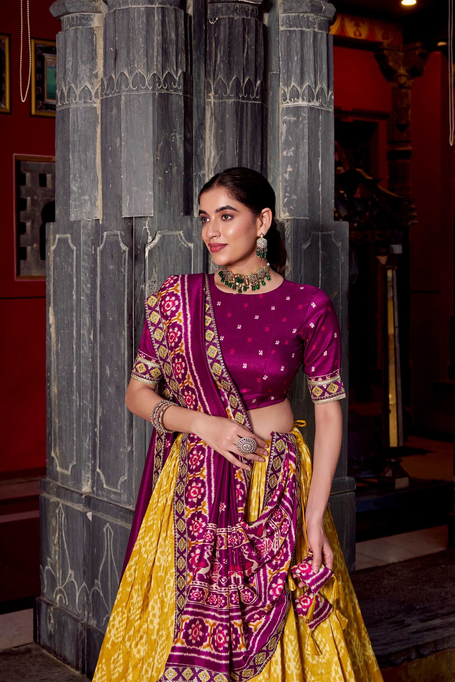 Lorenvalley Fashion Mustard Tasar Silk Ikkat Print Lehenga Choli with Dupatta | Swadesiicart